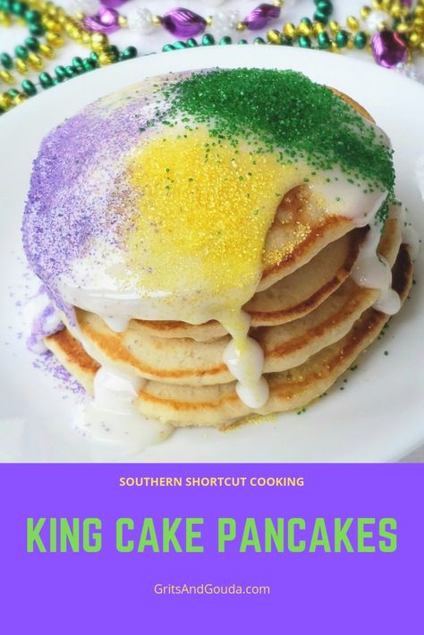 King Cake Pancakes for Mardi Gras and Fat Tuesday, also called Pancake Day.  Quick to make with this shortcut recipe for Breakfast or Brinner! Breakfast For Dinner Party, Krusteaz Pancake Mix, Dinner Party Appetizers, Cake Pancakes, Mardi Gras Food, King Food, Homemade Pancakes, Pancake Day, King Cake