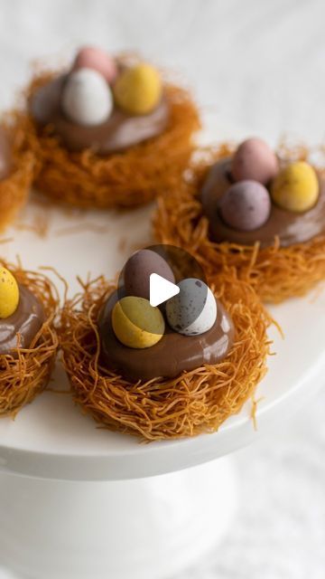 Antoniou Fillo Pastry on Instagram: "EASTER EGG KATAIFI NESTS. These cute little nests make a wonderful dessert for Easter. The nests are made using Kataifi Pastry which is baked until golden and drizzled with a sugar syrup. Simply decorate with Nutella and Easter eggs. Watch along to see how easy they are to make.  You’ll find the recipe on our website, there is a link in our Instagram bio. Here is the direct link which you can copy into your internet browser: https://antonioufillo.com.au/blog/recipes/easter-egg-nutella-tarts   #kataifi #nutella #easterdessert #easterdesserts #eastereggs" Dessert For Easter, Kataifi Pastry, Easter Buffet, Crispy Rolls, Recipes Easter, Cake Easter, Greek Sweets, Cookies Cake, Sugar Syrup