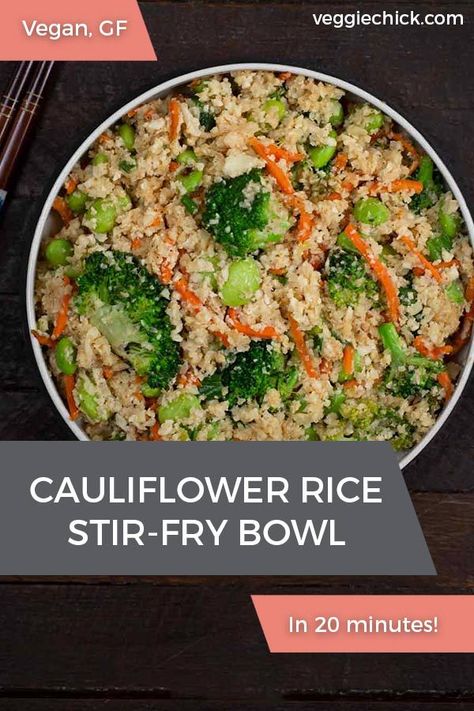 This {20-Minute} Cauliflower Rice Stir Fry Bowl is colorful, crunchy and packed with healthy veggies and a tasty peanut-Asian sauce.#vegan #glutenfree #cauliflowerrice Stir Fry Bowl, Cauliflower Rice Stir Fry, Rice Stir Fry, Gluten Free Bowl, Cauliflower Stir Fry, Healthy Stir Fry, Cauliflower Rice Recipes, Sweet Potato Noodles, Vegan Cauliflower