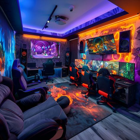 Gaming Room Multiple People, Game Room Decor Man Caves, Fantasy Gaming Room, Small Video Game Room Ideas, Large Gaming Room, Game Center Design Ideas, Big Gaming Room, Couples Game Room, Cool Game Room Ideas