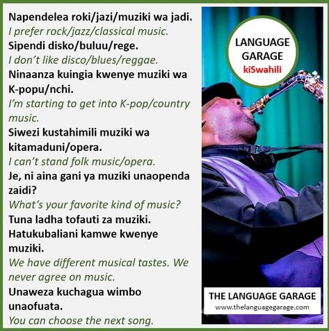 Napendelea jazi. I prefer jazz. #Music in #Swahili #KiSwahili #LearnSwahili #SwahiliVocabulary #languages. Click on the image to learn more, and visit us for live online #lessons or to #learn #language #vocabulary #grammar for #free. Learn Swahili, Learn Language, Online Lessons, Folk Music, Jazz Music, Kinds Of Music, Classical Music, Country Music, Grammar