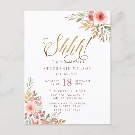 Shh! It's A Surprise | Chic Script Birthday Party Invitation Postcard Unique Birthday Invitations, Surprise Birthday Invitations, Surprise Baby Shower, Surprise Birthday Party, Hand Lettering Styles, Invitation Text, Personal Celebration, Quinceanera Invitations, Birthday Surprise Party