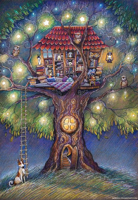 Tree House Drawing, 동화 삽화, Seni Cat Air, House Drawing, Arte Fantasy, Art And Illustration, Fairy Houses, Childrens Illustrations, Children's Book Illustration