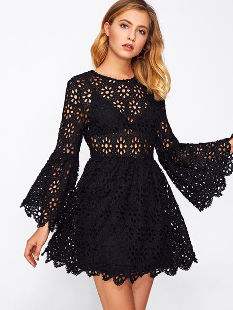 Shop Trumpet Sleeve Hollow Out Guipure Lace Dress  online. SheIn offers Trumpet Sleeve Hollow Out Guipure Lace Dress  & more to fit your fashionable needs. Guipure Dress Fashion, Guipure Dress, Flare Sleeves Pattern, Guipure Lace Dress, Simply Dress, Flare Sleeve Dress, Trumpet Sleeve, Skater Dresses, Crochet Summer