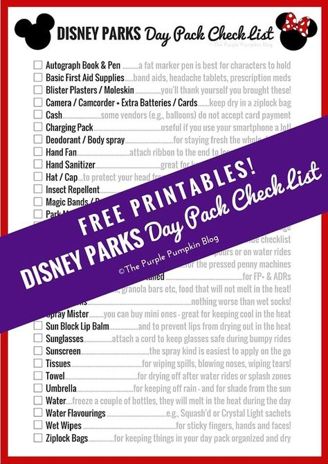 We have always taken a day pack with us when visiting any of the parks at Walt Disney World. We … Disney Planning Printables, Disney Vacation Surprise, Planning Printables Free, Disney Printables Free, Disneyland Parks, Disneyland Planning, Disney Printables, Disney World Vacation Planning, Purple Pumpkin