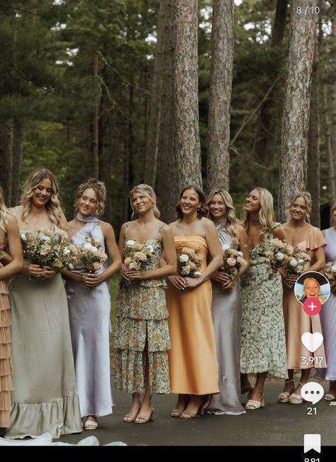 Casual Wedding Groomsmen Attire, Neutral Mismatched Bridesmaid Dresses, Bridesmaid Mood Board, Spring Color Wedding Ideas, Different Color Bridesmaid Dresses, Two Bridesmaids, Bridesmaid Dresses Different Colors, Delta Dawn, Summer Weddings Bridesmaids