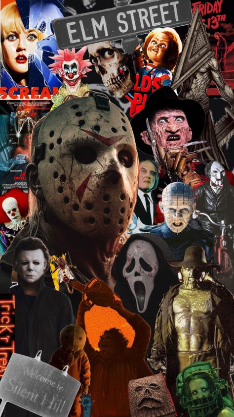 #myfirstshuffle Spooky Wallpaper Laptop, Spooky Wallpaper, Movie Collage, Halloween Wallpaper Iphone Backgrounds, Horror Fanatic, Halloween Wallpaper Cute, Scary Movie Characters, Horror Pictures, Retro Gaming Art