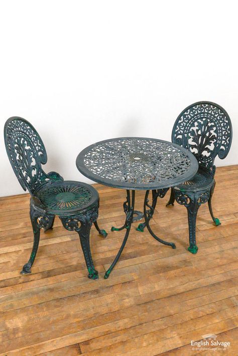 Cast circular garden table and two chairs Small Outdoor Patio Furniture, Cast Iron Patio Furniture, Small Outdoor Patio, Bistro Table Set, Small Outdoor Patios, Round Table And Chairs, Iron Patio Furniture, 3 Piece Bistro Set, Bistro Furniture