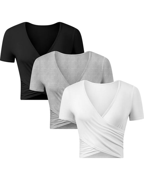 PRICES MAY VARY. Ideal Comfort and Fit: experience ideal comfort with our women's wrap crop top, crafted from 95% rayon and 5% spandex; This material ensures a soft, stretchable fit, adapting beautifully to various body types; Available in various sizes, it's designed to provide a snug yet comfortable fit for a wide range of body shapes Elegant and Versatile Design: elevate your trendy with this women's deep v neck crop top; Its elegant wrap design and short sleeves make it a versatile piece, su Beautiful Shirts For Women, V Neck Short Sleeve Top, Outfit Inspirations For School, Miami Outfit, Sprinkle Sprinkle, V Neck Crop Top, Miami Outfits, Cute Dress Outfits, Amazon Clothes