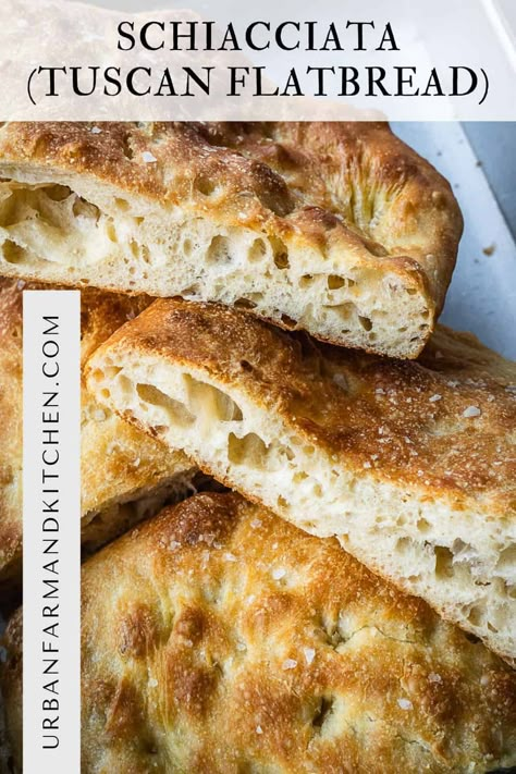 Schiacciata Bread Recipe (How to Make Tuscan Flatbread) Focaccia Bread In Loaf Pan, Quick Italian Bread Recipes, Schlotskys Bread Recipe, Mediterranean Flat Bread Recipes, Schiatta Bread, Chibatta Bread Ideas, Italian Flatbread Recipes, Ficcochia Bread, Faccasha Bread