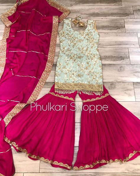 Hot Pink Sharara, Pink Sharara, Indian Kurti Designs, Pink Contrast, Indian Kurti, Sharara Suit, H U, Sharara Set, Lehenga Designs