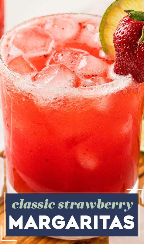 These Strawberry Margaritas are made with just a handful of ingredients, and super refreshing on a hot summer day! This recipe is for a single cocktail (for when it's just you), but I've also included a large batch version (for a party or other event). Strawberry Margarita Recipe Pitcher, Large Batch Margarita Recipe, Strawberry Margaritas, Strawberry Margarita Recipe, Chunky Chef, Kid Friendly Drinks, Mimosa Recipe, Strawberry Margarita, Refreshing Drinks Recipes