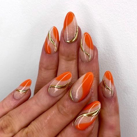 Orange Nail Design Ideas, Nails Inspo Orange, Gold And Orange Nails, Orange Holiday Nails, Fall Nail Colors Orange, Orange Nails With Design, Nail Colors Orange, Orange Nails Fall, Orange Nail Art Designs