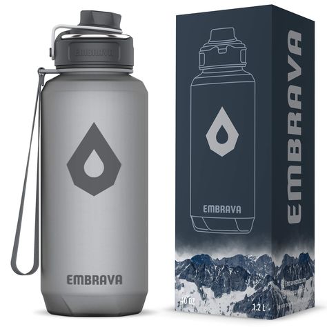 PRICES MAY VARY. ✅ ALL-PURPOSE LARGE WATER BOTTLE – The Embrava all-purpose large water bottle is a smart choice of bottle for working out, going to a coffee shop, camping, hiking, or just staying hydrated at home. The 40 ounce bottle is made for living an active lifestyle with minimal effort. When filled to the rim, the bottle can hold even up to 50 oz. ✅ STYLISH, PATENT PENDING DESIGN – This drinking water bottle can help you embrace a more natural, ecofriendly lifestyle. Its shape has a uniqu Giant Water Bottle, 40 Oz Water Bottle, Bike Water Bottle Holder, Large Water Bottle, Indoor Workout, Drinking Water Bottle, Best Water Bottle, Hard Workout, Sports Water