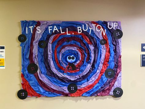 Coraline Bulletin Board Ideas, Coraline Classroom Door, Adventure Time Bulletin Board, Ra Events Activities, Coraline Bulletin Board, Spooky Bulletin Boards, Coraline Theme, Coraline Door, Coraline Door Decoration