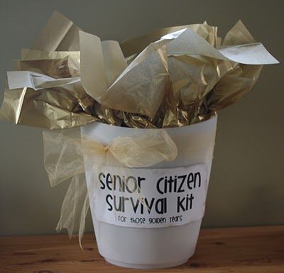 Birthday Idea for our over the hill family and friends. Senior Citizen Survival Kit, Survival Kit Gifts, 60 Birthday, Survival Kits, 70th Birthday Parties, 80th Birthday Party, Gag Gifts Funny, 65th Birthday, 60th Birthday Party