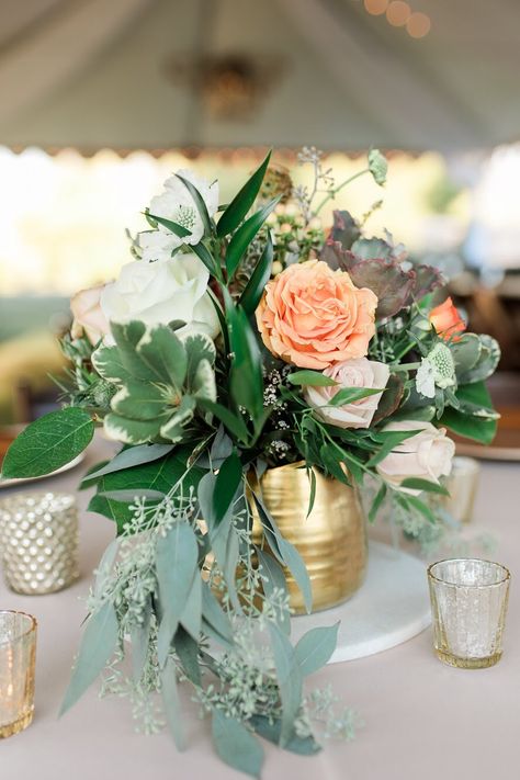 Green And Apricot Wedding, Peach Ivory And Gold Wedding, Pink Gold And Green Wedding, Forest Centerpieces, Peach Centerpieces, Peach And Green Wedding, Parents Anniversary Party, Enchanted Forest Centerpieces, Peach Wedding Centerpieces