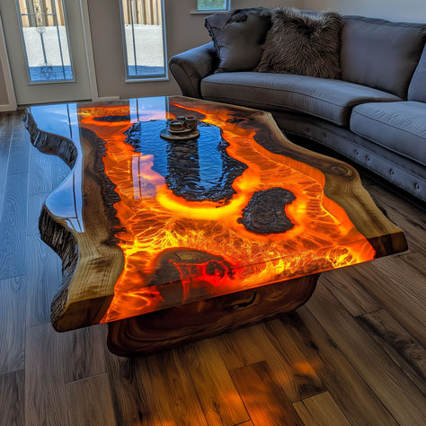 VOLCANIC LAVA THEMED RESIGN TABLE Lava Epoxy Table, Wood Resin Table, Epoxy Wood Table, Epoxy Ideas, Epoxy Art, Resin Table, Living Room Diy, Wood Resin, Shop Ideas