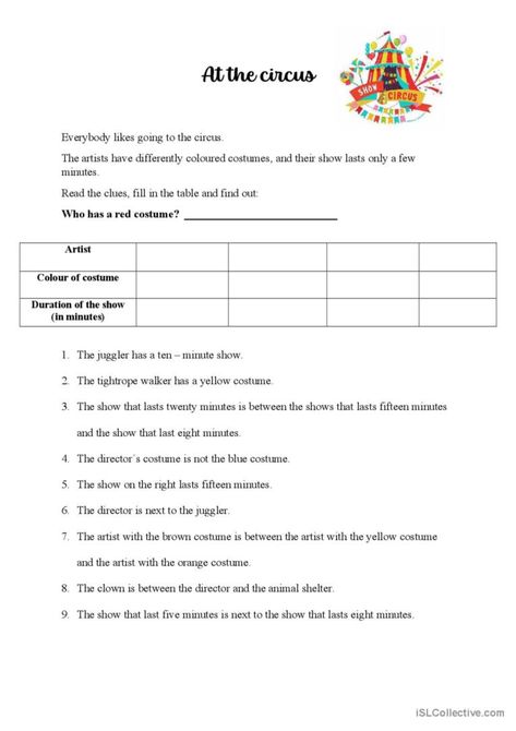 Students can solve the logical about different circus artists. They have to read, fill in the table and answer the question. you can use it a as cooler / warmer or homework assignment. It may be used as an introduction / summary to the topic. Circus Worksheets, Blue Costumes, Answer The Question, The Circus, Esl Worksheets, The Question, The Table, Homework, Logic