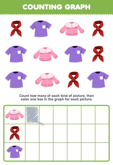 Education game for children count how many cute cartoon scarf blouse and shirt then color the box in the graph printable wearable clothes worksheet Clothes Worksheet, Scarf Blouse, Vector Game, Game For Children, Games For Kids, Game Design, How Many, Cute Cartoon, Vector Free