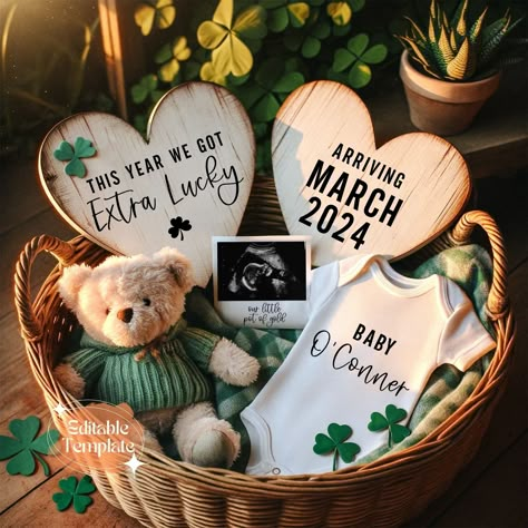 "🍀 Introducing the \"Extra Lucky St. Patrick Digital Pregnancy Announcement\" - your perfect way to reveal your March baby in a fun and festive style! This instant download, editable template features a charming leprechaun theme, suitable for any gender. Grab yours now and spread the joy with a magical Irish touch! DEMO LINK >> https://www.corjl.com/d/FI0HG 🚀 Demo this item now! Get a sneak peek of the editing experience before purchasing. Simply copy and paste this link into your web browser to access a demo version where you can preview all customizable elements. See first-hand how easily you can personalize the announcement with your own photos and design elements.  💻 We recommend customizing your announcement on a computer for the best experience. While it is possible to edit on a m Cute St Patrick’s Day Pregnancy Announcement, March Birth Announcement, Pregnancy Announcement To, Saint Patrick’s Day Pregnancy Announcement, Lucky Charm Gender Reveal Ideas, Pregnancy Announcement March 2025, March 2025 Baby Announcement, March Gender Reveal Ideas, Pregnancy Announcement Last Baby