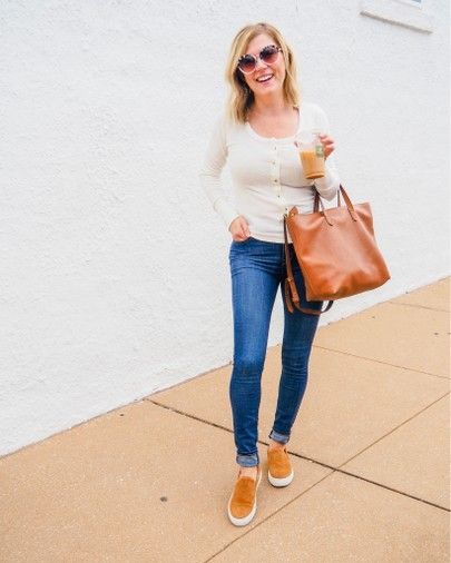 An easy go to mom outfit for fall! @liketoknow.it #liketkit http://liketk.it/2EYEN #LTKunder100 #LTKunder50 #LTKtravel #LTKworkwear #LTKstyletip #LTKshoecrush #LTKsalealert #LTKitbag Madewell, slip on sneakers, brown slip on sneakers, suede sneakers, Steve Madden slip on sneakers, white long sleeve, high waisted jeans Steve Madden Slip On Sneakers, Outfit For Fall, Shoes 2022, Easy Go, Sneakers Brown, Mom Outfit, Suede Sneakers, Easy Going, Mom Outfits