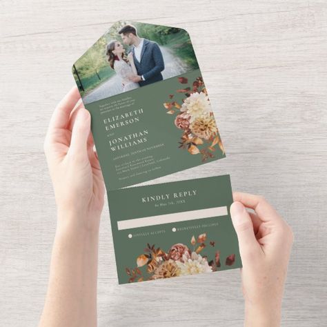 Sage Fall Photo Wedding All In One Invitation Fall Wedding Invitation Suite, Autumn Romance, Wedding Invitation Trends, Garden Wedding Invitations, Sage Wedding, Wedding Themes Fall, Dark Wedding, Sage Green Wedding, Watercolor Floral Wedding Invitations