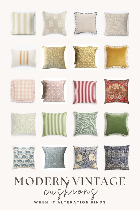 My pick of the best modern vintage cushions with muted pastels, pops of primary colour, classic textile designs, scallops, ruffles and stripes. Muted Pastels, Modern Vintage Home Decor, Grand Millennial Style, Vintage Colour Palette, Chair & Sofa Cushions, Grand Millennial, Table Tags, English Cottage Style, Modern Vintage Decor