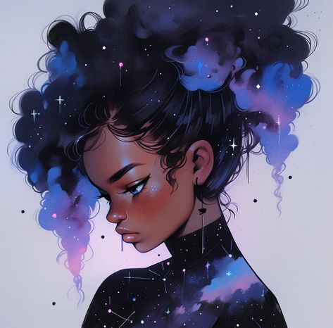 Galaxy Hair Art, Space Hair Drawing, Star Person Aesthetic, Galaxy Hair Drawing, Galaxy Girl Art, Space Girl Aesthetic, Cyberpunk Witch, Starry Hair, Galaxy Things