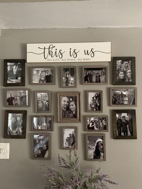 Family Pic Wall Ideas, Living Room Collage Wall Ideas, Gallery Wall Ideas Family Photos, Living Room Family Picture Wall, Family Wall Pictures Ideas, Canvas Photo Wall Ideas, Large Picture Wall Ideas, Photo Collage Wall Ideas, Dining Room Gallery Wall Ideas