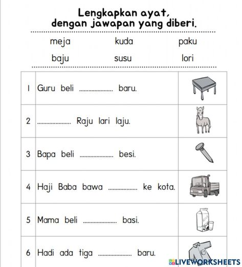 Worksheet Menulis, Bahasa Melayu Worksheets For Kindergarten, Bahasa Melayu Prasekolah, Soal Tk, Suku Kata Prasekolah Worksheet, School Exercise, Soal Kelas 2 Sd Semester 2, School Kids Activities, Bahasa Melayu