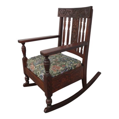 This Rocking Chair is made of wood, solid wood, solid oak, solid tiger oak, and tapestry. This beautiful rocking chair has Traditional Victorian style from the early 1900's, it features a classic silhouette, carving on the back, medium to dark oak stain finish on the wood. This rocking chair would look excellent in any bedroom, living room, nursery, or den.   The measurements are: height=37.5" width=26.25" depth=32.75" floor to top of the seat=16.5"-18" approx. Vintage Chairs Victorian, Victorian Rocking Chair, Antique Rocking Chairs, Wood Rocking Chair, Living Room Nursery, Tiger Oak, Oak Stain, Vintage Chairs, Refinishing Furniture