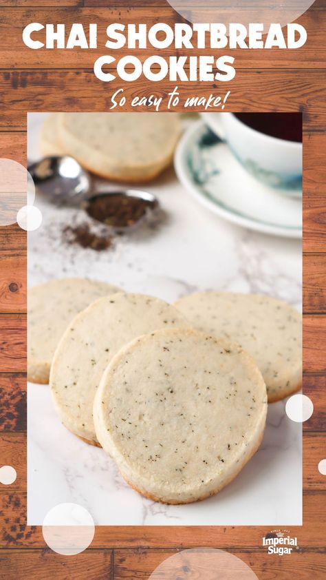 These wonderful slice-and-bake Chai Shortbread Cookies are filled with the warm spices of chai tea and so easy to make. Serve them up with a warm cup of chai, milk or coffee for a cozy treat. For more cookie and bar recipes and ideas visit ImperialSugar.com and pin your favorites! Made this recipe? Show us! #imperialsugar #cookierecipes #shortbreadcookies #chaicookies Chai Shortbread, Chai Milk, Colored Cookies, Shortbread Cookies Recipe, Fruit Cake Cookies, Chocolate Pecan Pie, Marshmallow Treats, White Chocolate Cookies, Shortbread Cookie Recipe