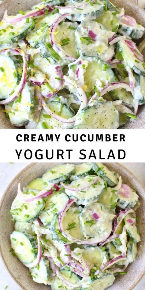 Creamy Cucumber Yogurt Salad recipe with crisp red onion dressed in a dairy-free Greek yogurt lemon dressing with a classic kiss of fresh dill. A quick and easy refreshing summer salad best served right away alongside new potatoes or stuffed inside some gyros pockets. Greek Yogurt Cucumber Salad, Salad With Red Onion, Cucumber Yogurt Salad, Ciao Florentina, Yogurt Salad, Cucumber Dill Salad, Red Onion Recipes, Cucumber Yogurt, Creamy Cucumbers