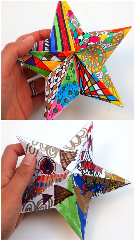 Doodle some designs on these awesome 3D paper Christmas Stars- great Kids art project Star With Paper, Christmas Star Ornaments, 3d Paper Star, Origami Paper Folding, Christmas Books For Kids, Christmas Art Projects, Origami Star, Star Ornaments, Christmas Stars