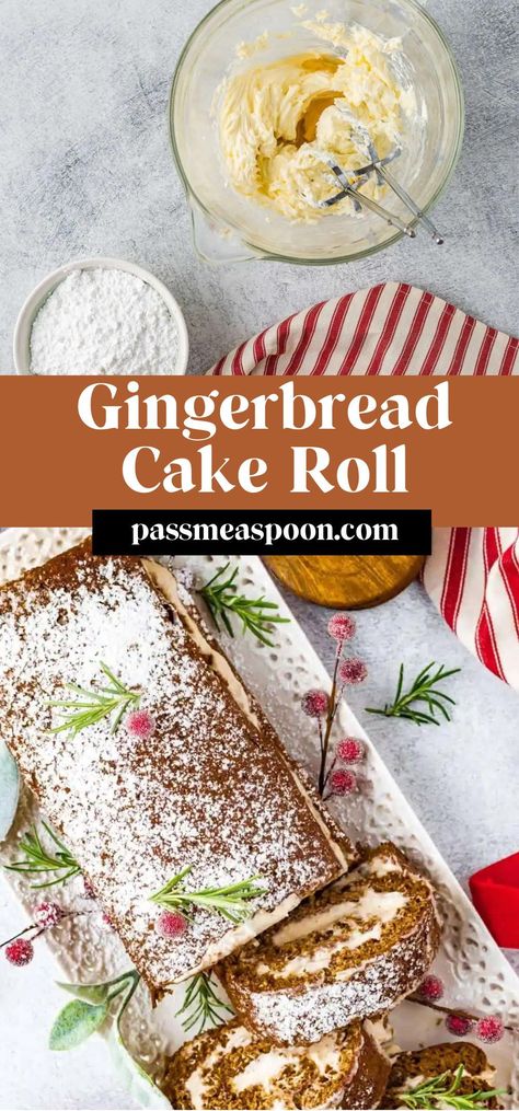 This gingerbread cake roll is a delightful treat with warm and comforting flavors. It’s a moist and fluffy cake filled with a delicious spiced cream, all rolled up into a beautiful and festive spiral. Gingerbread Cake Roll Recipe, Gingerbread Cake Roll, Swiss Roll Cakes, Gingerbread Cake Recipe, Baking Bad, Fluffy Cake, Cake Roll Recipes, Coffee Ingredients, Log Cake