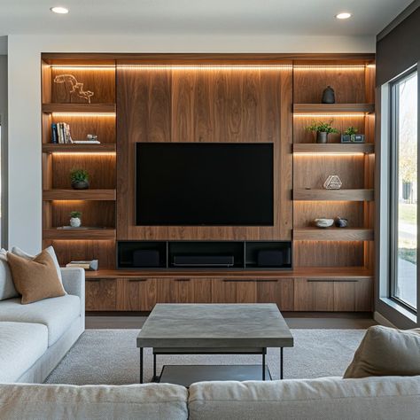 Living Room Tv Wall Minimalist, Wood Media Wall, Tv Wall Shelving, Full Wall Entertainment Center, Scandinavian Tv Wall, Tv Wall Unit Designs, Entertainment Center Ideas, Built In Tv Wall Unit, Tv Wall Units