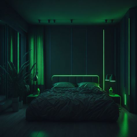 Aesthetic Room Decor Vintage Dark, Dark Green Mens Bedroom, Emerald Green Interior Design Bedroom, Green Male Bedroom, Emerald And Black Bedroom, Bedroom Green And Black, Dark Led Room Aesthetic, Cuarto Verde Aesthetic, Black And Green Bedroom Aesthetic