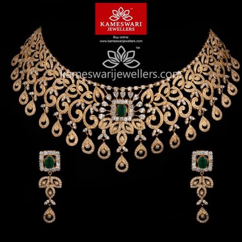 Kameshwari Jewellery, Swarovski Choker, Exquisite Diamond Necklace, 22k Gold Jewelry Necklaces, Jewellery Choker, Antique Gold Necklace, Kameswari Jewellers, 22 Carat Gold Jewellery, Gold Chokers