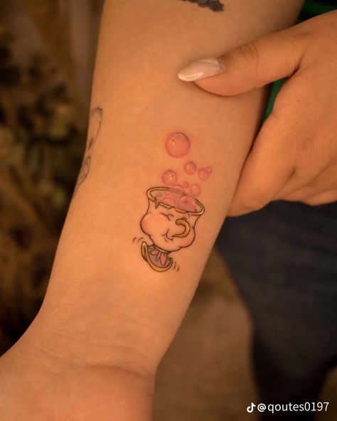 Chip From Beauty And The Beast Tattoo, Disney Chip Tattoo, Chip Beauty And The Beast Tattoo, Tattoo Ideas Beauty And The Beast, Chip Tattoo Beauty And The Beast, Chip And Mrs Potts Tattoo, Disney Minimalist Tattoo, Beauty And Beast Tattoo, Simple Disney Tattoos