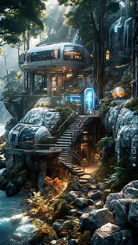 Sci Fi House Exterior, Scifi House Concept Art, Scifi Home, Cyberpunk Rooms, Cyberpunk Home, Sci Fi House, Cyberpunk House, Scifi City, Sci Fi Architecture