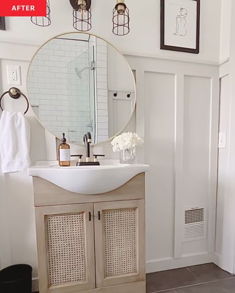 Light Wood Vanity, Diy Bff, Old Vanity, Green Vanity, Old Bathroom, Brown Bathroom, Shower Surround, Upstairs Bathrooms, Budget Bathroom