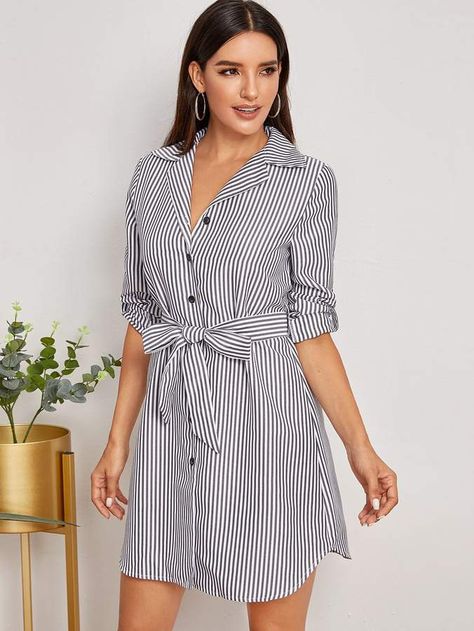 Shein Curved Hem Striped Belted Shirt Dress Frocks Short, Shirt Gown, African Traditional Dresses, Striped Shirt Dress, Classy Work Outfits, Belted Shirt Dress, Shirt Dresses, Hot Dress, Knee Length Dresses