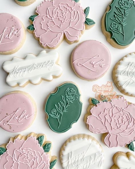 Peonies And Macarons, Floral Birthday Cookies Royal Icing, Floral Bouquet Cookies Decorated, Peony Cookies Decorated, Floral Thank You Cookies Decorated, Sugar Cookie Designs, Flower Cookies, Baby Shower Cookies, Cookie Art