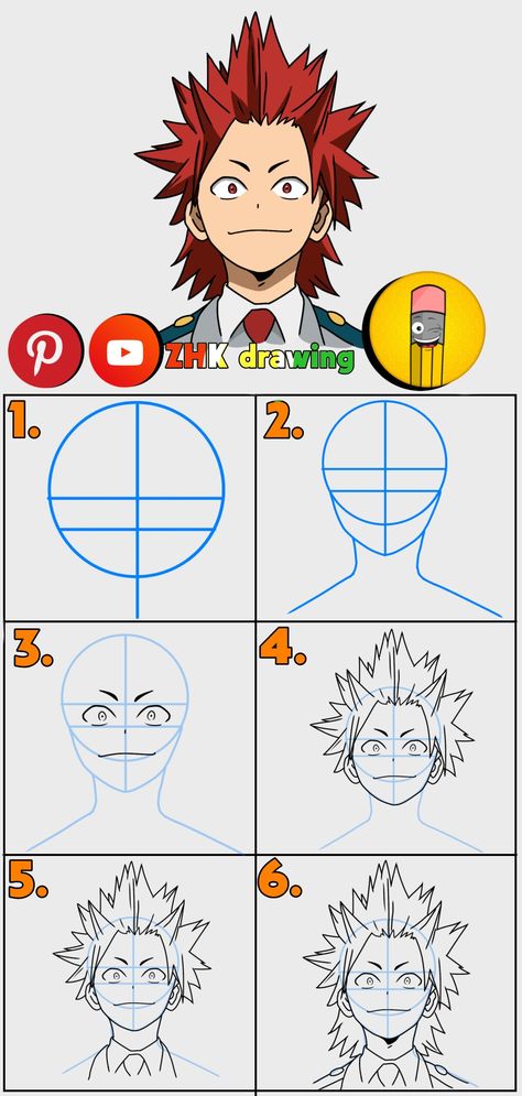 Subscribe to my channel for more tutorial #eijiro #krishima #myheroacademia #draw #drawing #anime #tutorial How To Draw All Might, How To Draw Kirishima, Mha Tutorial, How To Draw My Hero Academia Characters, Face Pattern Drawing, Face Art Drawing Sketches, Drawing Anime Tutorial, My Hero Academia Drawing, Anime Character Design References