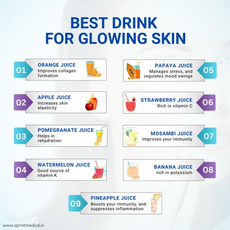 Best Fruit Drinks for glowing skin Vegetable Juice For Glowing Skin, Drinks For Glowing Skin, Remember To Drink Water, Fruits For Glowing Skin, Papaya Juice, Vegetable Juices, Fruit List, Strawberry Juice, Daily Exercise