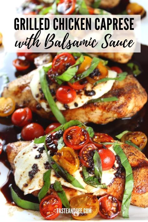 Grilled Chicken Caprese with Balsamic Sauce – so easy to make and so fresh and flavorful! The charred smoky flavor from grilling the chicken takes this classic flavor combo to a whole natha’ level! Grilled Chicken Caprese, Grilled Italian Chicken, Chicken Caprese Recipe, Grilled Chicken Dinner, Saltimbocca Recipe, Balsamic Sauce, Tomato Caprese, Chicken Caprese, Chicken Saltimbocca