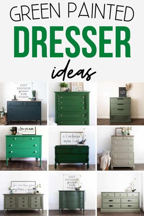 Dark Green Chalk Painted Furniture, Green Dresser Makeover, Remodel Furniture, Painted Nightstands, Green Sideboard, Green Bedroom Furniture, Green Nightstands, Olive Green Paints, Painted Furniture Ideas