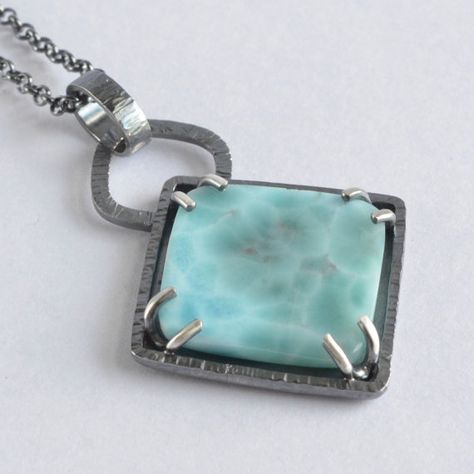 Handmade Silver Pendant With Stone, Prong Setting Pendant, Bezel Set Pendant, Larimar Pendant, Larimar Stone, Jewelry Stone, Jewelry Techniques, Square Pendant, Stone Setting