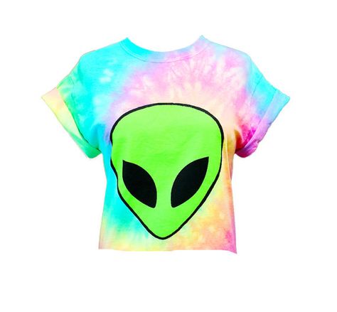 Shirts Grunge, Rainbow Tie Dye Shirt, Alien Crop Top, Black Tie Dye Shirt, Crop Tops Black, Alien Clothes, Tie Die Shirts, Grunge Pastel, Wwe Outfits